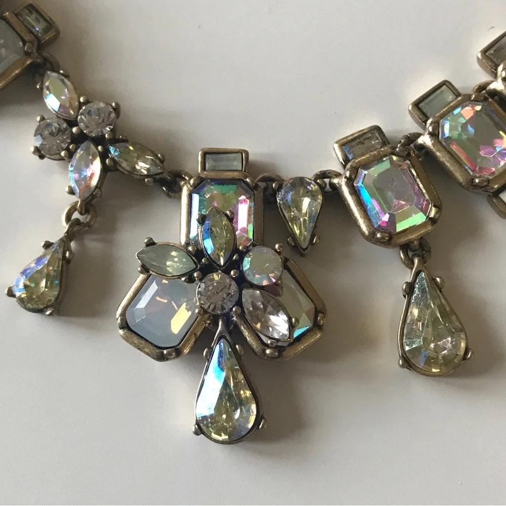 J CREW Signed Iridescent AB Rhinestone Gold Tone Layered Bib Statement Necklace - Picture 2 of 6